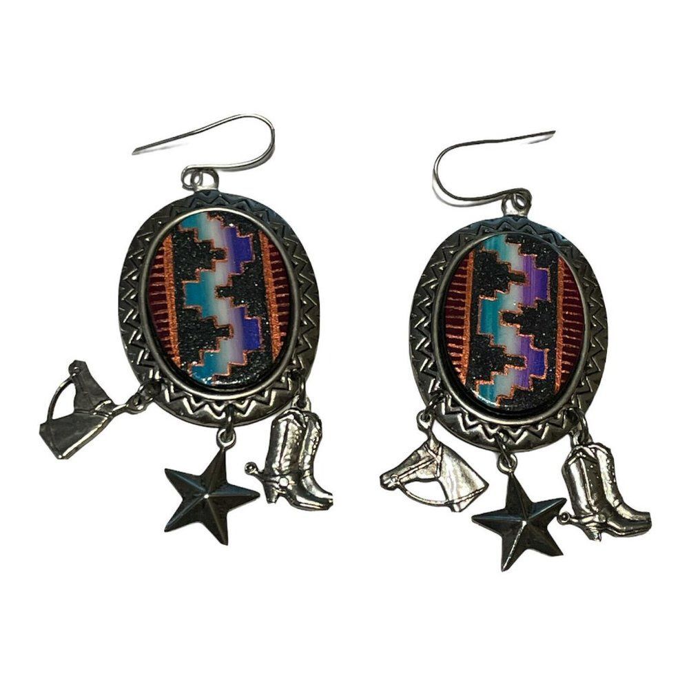 Silvertone Aztec Hook earrings horse star cowboy